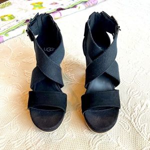 Black Uggs, size 6.5, strappy high wedge heels, canvas with espadrille strip.